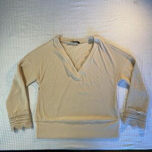 Cream V-Neck Long Sleeve Top with Lace Trim